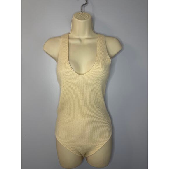 Ryan Roche Cashmere Bodysuit Rib Knit Cream Tie Open Back O/S - Picture 6 of 12